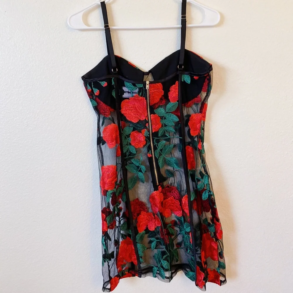 Floral Embroidered Black Mini Dress with Red Roses - Picture 2 of 7